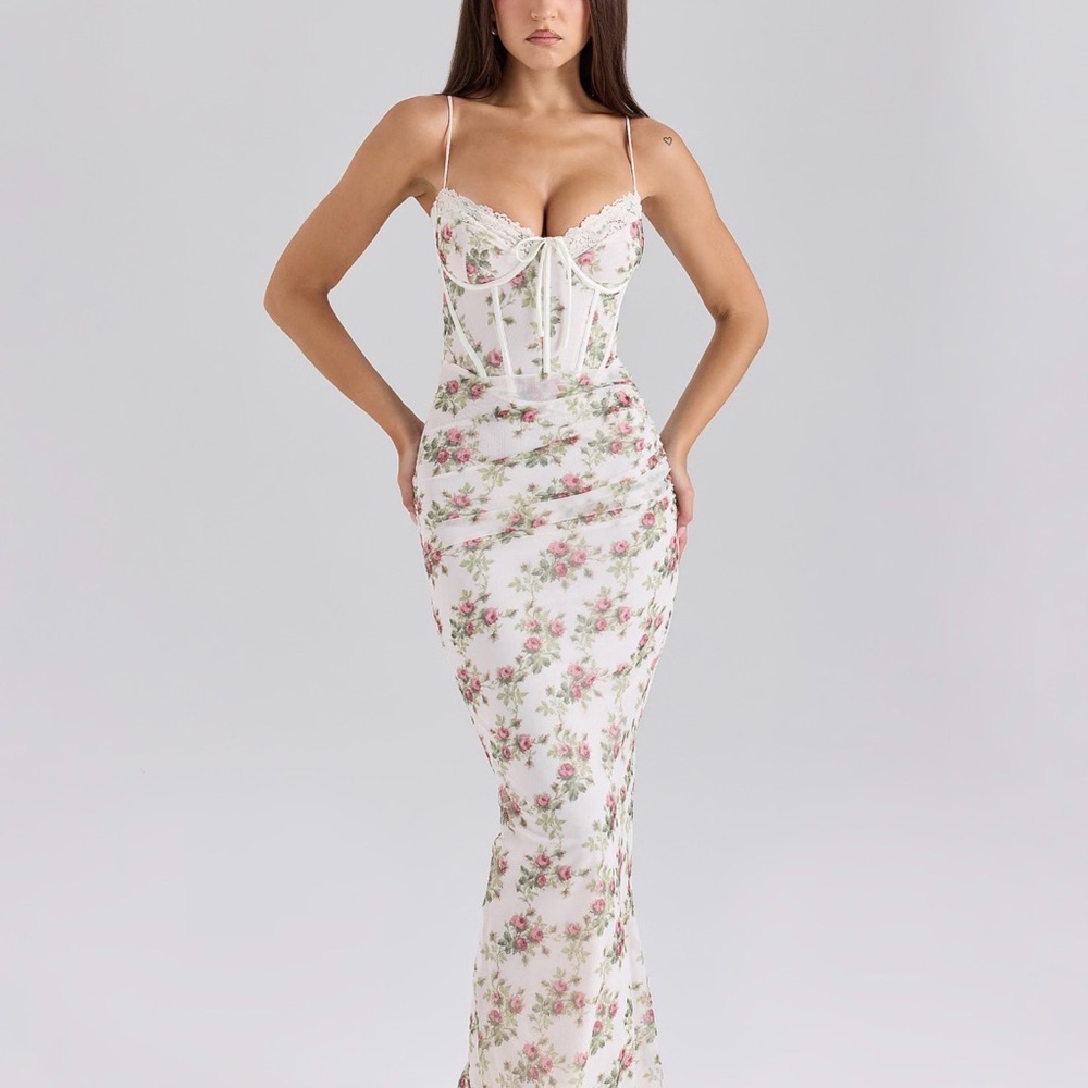 House of CB Calista print mesh maxi dress in cream rose